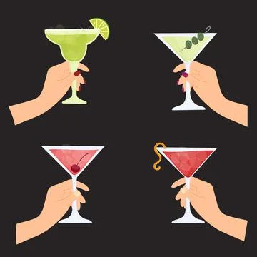 Hand drawn cartoon vector illustration of female hands holding Martini Stock Illustration