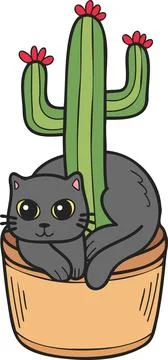 Hand Drawn cat and cactus illustration in doodle style Stock Illustration