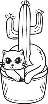 Hand Drawn cat and cactus illustration in doodle style Stock Illustration