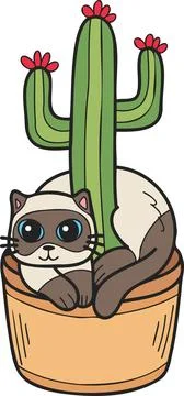 Hand Drawn cat and cactus illustration in doodle style Stock Illustration