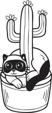 Hand Drawn cat and cactus illustration in doodle style Stock Illustration