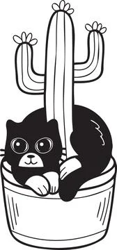 Hand Drawn cat and cactus illustration in doodle style Stock Illustration