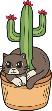 Hand Drawn cat and cactus illustration in doodle style Stock Illustration