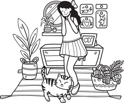 Hand Drawn The cat begs its owner in the living room illustration in doodle.. Stock Illustration