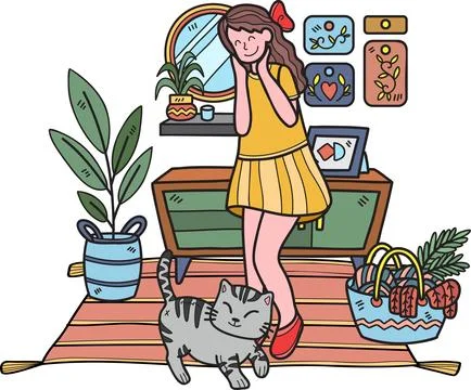 Hand Drawn The cat begs its owner in the living room illustration in doodle.. Stock Illustration