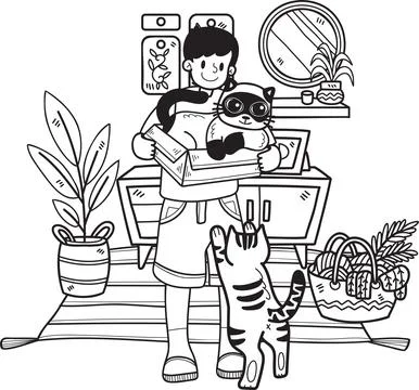 Hand Drawn The cat begs its owner in the living room illustration in doodle.. Stock Illustration