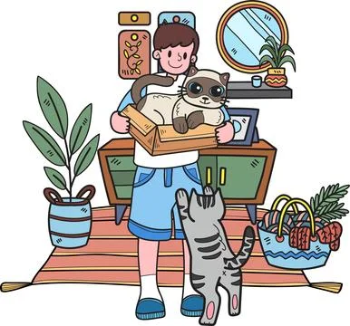 Hand Drawn The cat begs its owner in the living room illustration in doodle.. Stock Illustration