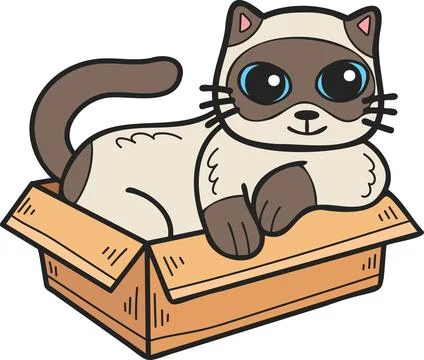 Hand Drawn cat in box illustration in doodle style Stock Illustration