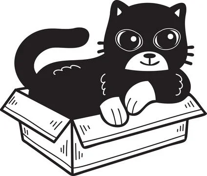 Hand Drawn cat in box illustration in doodle style Stock Illustration