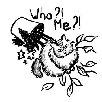 Hand drawn cat with broken housplant plant flower in pot, break naughty pet Stock Illustration