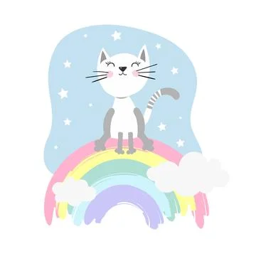 Hand drawn cat in the crown on the rainbow. Cartoon character vector Stock Illustration