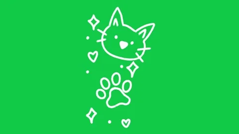 Hand Drawn Cat Face and Paw Print Outline Animation on Green Screen Overlay 動画素材 336578997