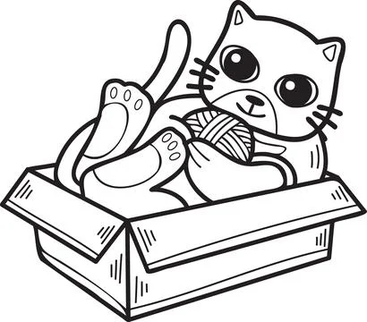 Hand Drawn cat playing with yarn in a box illustration in doodle style Stock Illustration