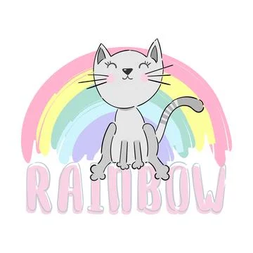 Hand drawn cat on the rainbow and text. Cartoon character vector illustration Stock Illustration