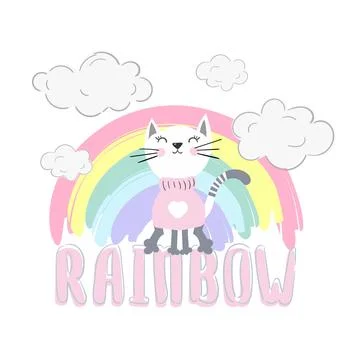 Hand drawn cat sitting on the rainbow. Cartoon character vector illustration Stock Illustration