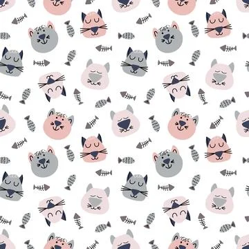 Hand drawn cat vector seamless pattern of funny cartoon kittens, fish, fish bone Stock Illustration