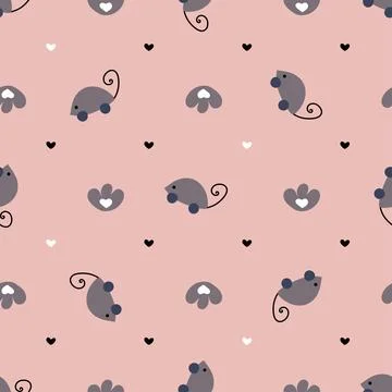Hand drawn cat vector seamless pattern of funny cartoon mouse toy, cat's paw and Stock Illustration