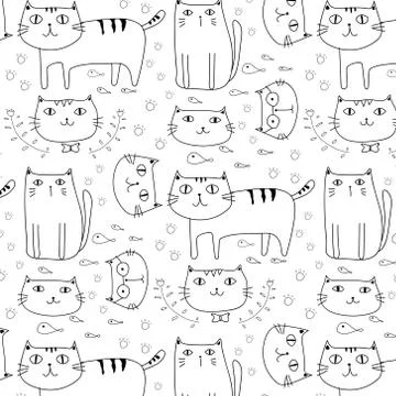 Hand Drawn Cats Vector Pattern Background. Doodle Funny. Handmade Vector 스톡 일러스트