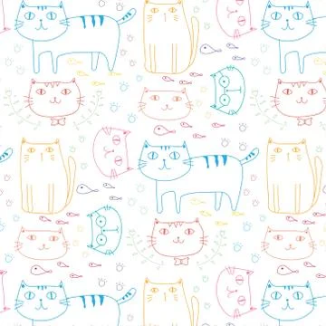Hand Drawn Cats Vector Pattern Background. Doodle Funny. Handmade Vector 스톡 일러스트