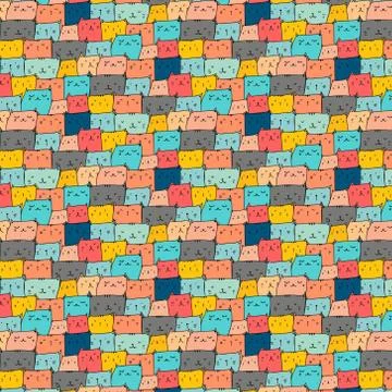 Hand Drawn Cats Vector Pattern Background. Doodle Funny. Handmade Vector Stock Illustration