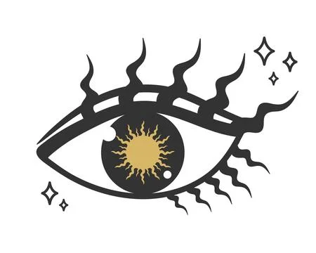 Hand drawn celestial eye with curled lashes and a sun symbol. All seeing eye Stock Illustration