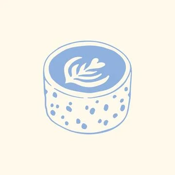 Hand drawn ceramic coffee cup with latte art in minimalist blue line style Stock Illustration