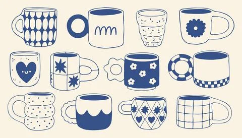 Hand drawn ceramic mug collection in blue line style. Cute mediterranean Stock Illustration