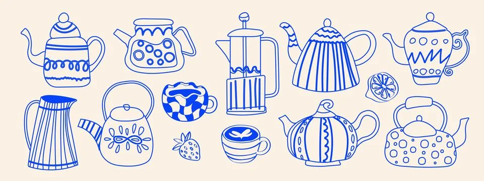 Hand drawn ceramic teapots collection in blue line style. Cute mediterranea.. Stock Illustration