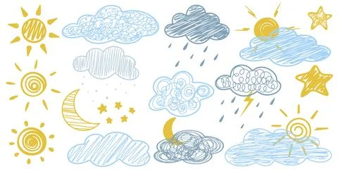 Hand drawn chalk set clouds, sun, moon, stars, snow, rain Stock Illustration