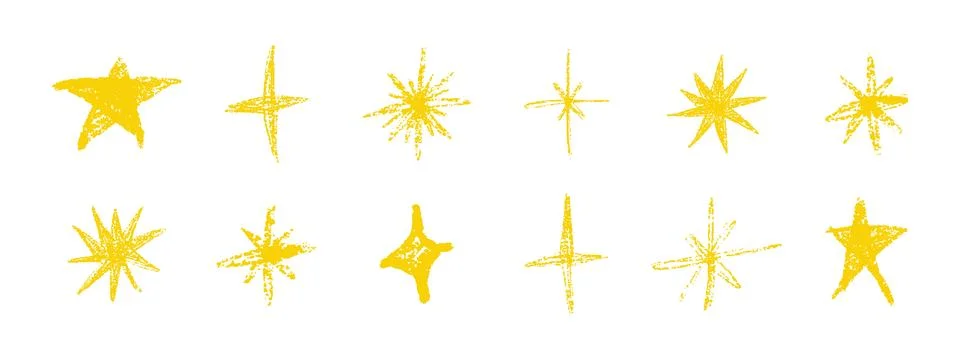 Hand drawn chalk star set. Cute crayon doodle sparkles, twinkle and glitter.. Stock Illustration