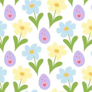 Hand Drawn Chamomile Flowers and Easter Egg with Heart shape decor Seamless Stock Illustration