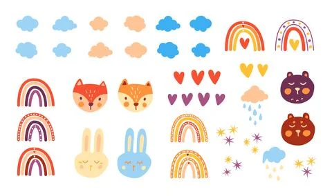 Hand drawn characters and elements. Nursery decoration room set Stock Illustration