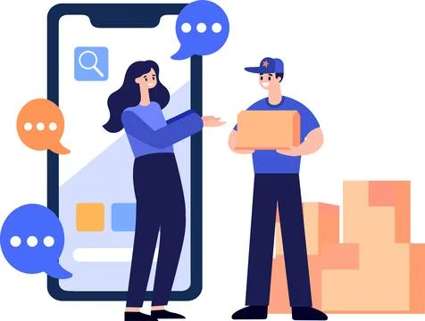 Hand Drawn Characters of delivery worker and customer In the concept of onl.. Stock Illustration