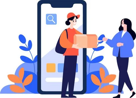 Hand Drawn Characters of delivery worker and customer In the concept of onl.. Stock Illustration