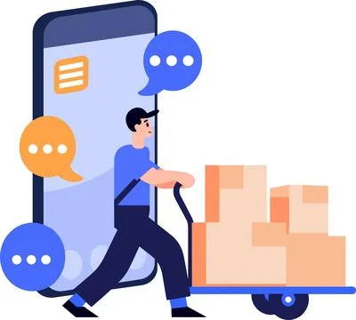 Hand Drawn Characters of delivery worker and customer In the concept of onl.. Stock Illustration