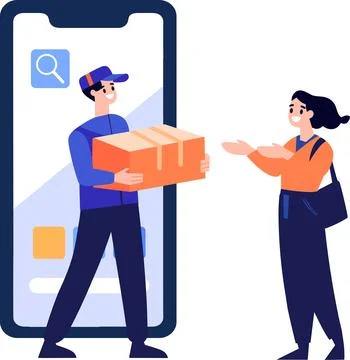 Hand Drawn Characters of delivery worker and customer In the concept of onl.. Stock Illustration