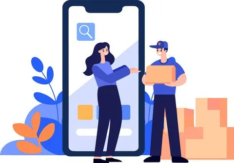 Hand Drawn Characters of delivery worker and customer In the concept of onl.. Stock Illustration