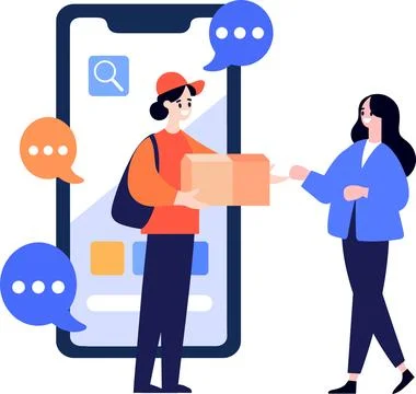 Hand Drawn Characters of delivery worker and customer In the concept of onl.. Stock Illustration