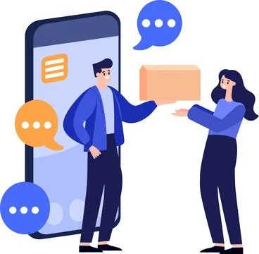 Hand Drawn Characters of delivery worker and customer In the concept of onl.. Stock Illustration