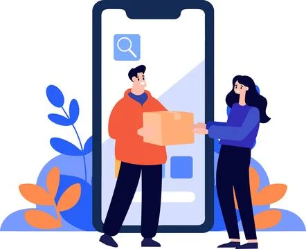 Hand Drawn Characters of delivery worker and customer In the concept of onl.. Stock Illustration