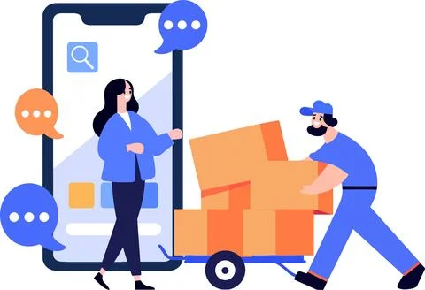 Hand Drawn Characters of delivery worker and customer In the concept of onl.. Stock Illustration