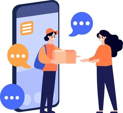 Hand Drawn Characters of delivery worker and customer In the concept of onl.. Stock Illustration