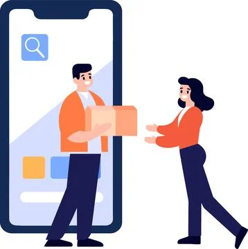 Hand Drawn Characters of delivery worker and customer In the concept of onl.. Stock Illustration