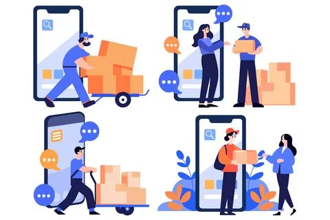 Hand Drawn Characters of delivery worker and customer In the concept of onl.. Stock Illustration