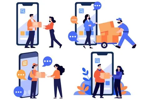 Hand Drawn Characters of delivery worker and customer In the concept of onl.. Stock Illustration