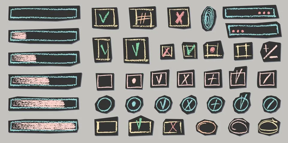 Hand-drawn check marks and cross icons in sketch style Stock Illustration