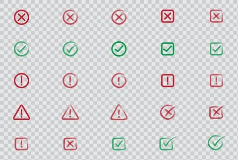 Hand-drawn check marks, cross signs, and warning icons vector set Stock Illustration