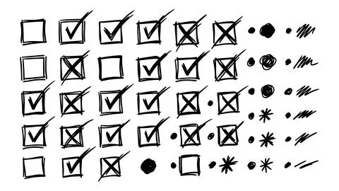 Hand drawn checkbox set with various marks and doodles for checklist template Stock Illustration