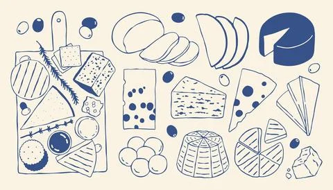Hand drawn cheese and appetizer vector set in Mediterranean style. Collection Stock Illustration