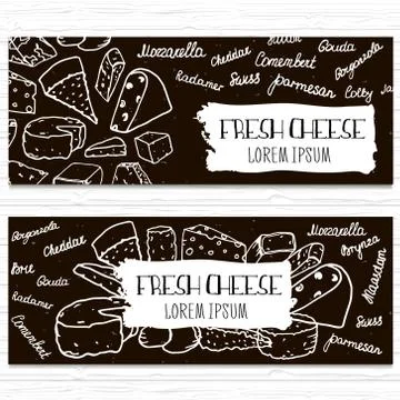 Hand drawn cheese banners set. Template for cheese shop,organic food, etc.V.. Stock Illustration